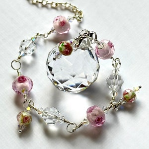 Crystal Suncatcher, Pink Roses Crystal Suncatcher with Crystal Prism Globe, Window Décor, Hanging Crystal, Bridal Gift, Birthday Gift, Gift