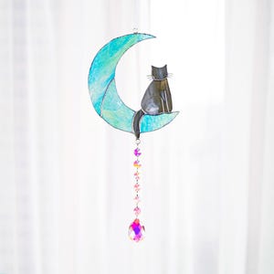 Cat Memorial Suncatcher Crystal Cat on Moon Loss of Pet Sympathy Gift Stained Glass Custom Name Cat Ornament Cat Lovers Gifts Cat Memorial