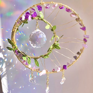 Amethyst Crystal Moon Suncatcher: Rainbow Prism, Healing Crystals