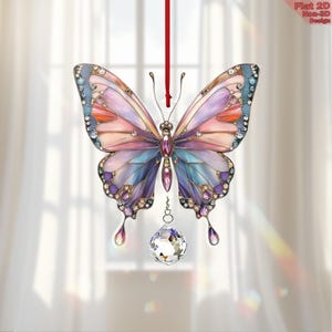 Acrylic 2D Flat Pink Butterfly Ornament, Fairycore Crystal Suncatcher, Pastel Window Hanging, Sparkling Decor, Gift for Her, Spring Art