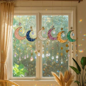 Moon Crystal Suncatcher Hanging, Housewarming Gift, Sun Catcher Crescent Moon, Boho Home Decor,Amethyst Suncatcher,Rainbow Maker Rose Quartz