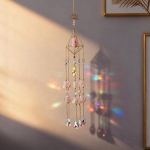 Handmade Crystal Suncatcher Diamond Frame Pink Stone, Rainbow Maker Window Hanging, Spiritual Crystal Decor, Boho Gift for Her